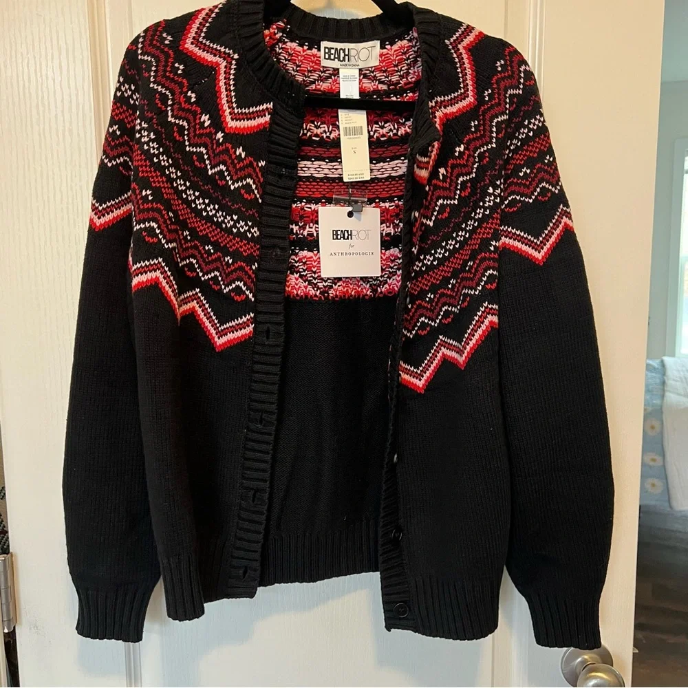 NWT Anthropologie x Beach Riot Black Red Fair Isle Sweater Cardigan Size Small